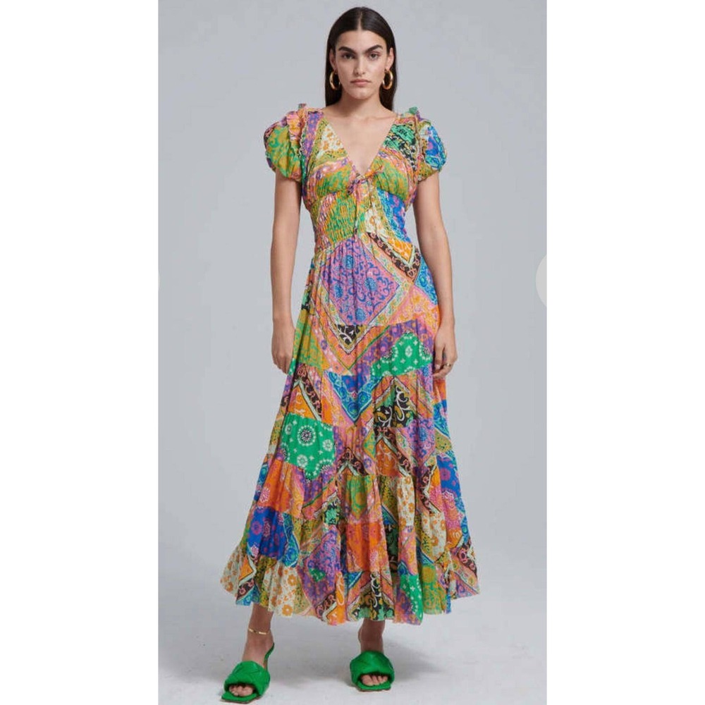 Love The Label Patchwork Maxi Dress S Vibrant Floral Paisley Tiered Boho $200+